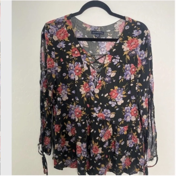 Peplum Top Floral V Neck Tie Drawstring Hipster Hippie Trendy Pullover Blouse - Picture 2 of 7